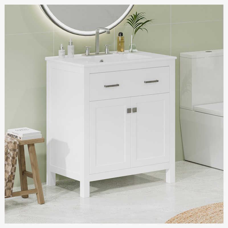 Meuble-lavabo simple 30 po avec lavabo en céramique, Blanc / Blanc