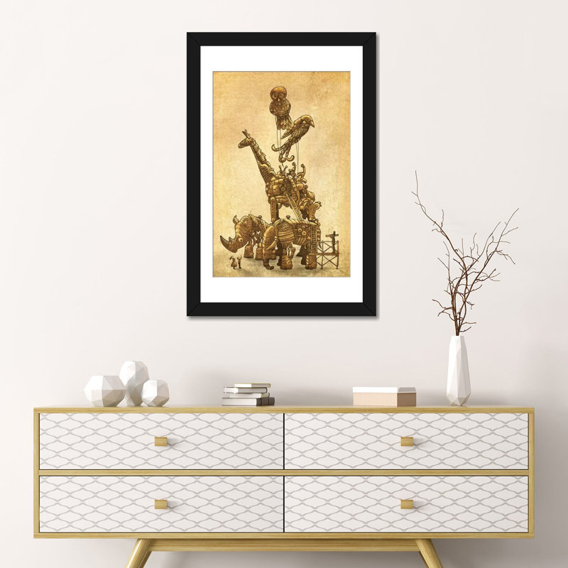 « the clockwork menagerie », impression sur toile, H 32 po x l 24 po x P 1 po, Papier d'art encadré noir, Blanc