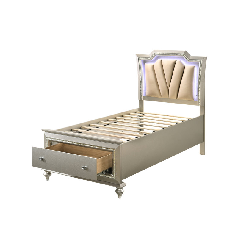 Lit double de couleur champagne - Cuir synthétique, champagne avec rangement DEL et efficace, cuir moderne
