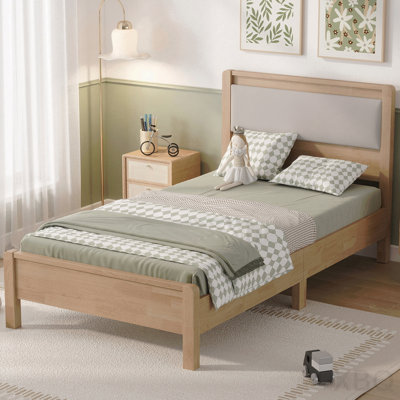 Lit simple en bois d'hévéa massif avec tête de lit tapissier et pieds de soutien centraux - Naturel