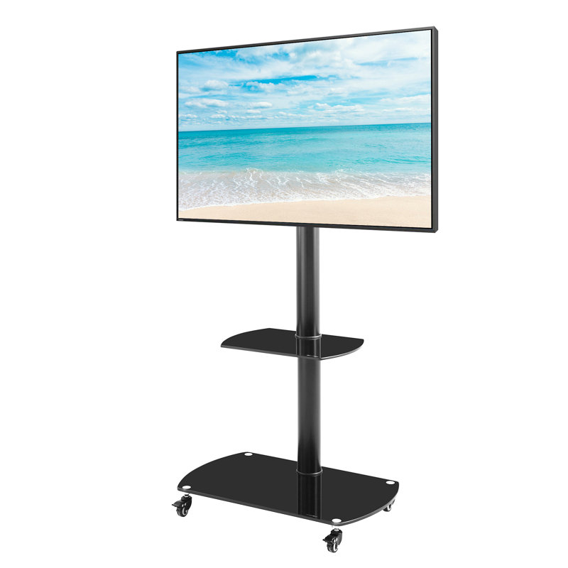 Height And Angle Adjustable Multi-Function Tempered Glass Metal Frame Floor With Lockable Wheels Mobile Tv Stand, Lcd/Plasma Tv Bracket  2 Tier Tempered Glass Shelves For Multiple Media Devices