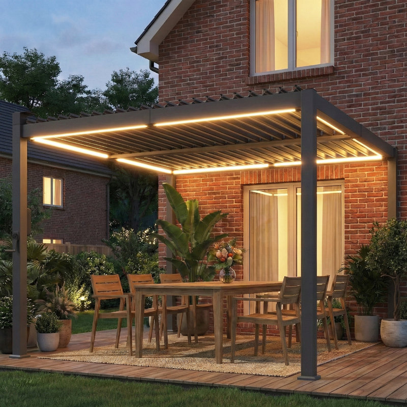Outsunny 3x3 m Louvered Pergola w/Solar LED Lights, Drainage Gutters Black