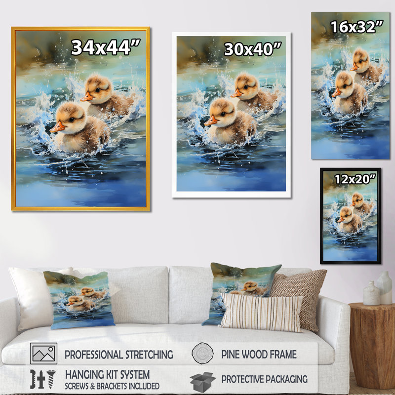 «Playful Paddler Ducklings» - Art mural animal canard, Cadre flottant doré, H 32 po x l 16 po x P 1 po