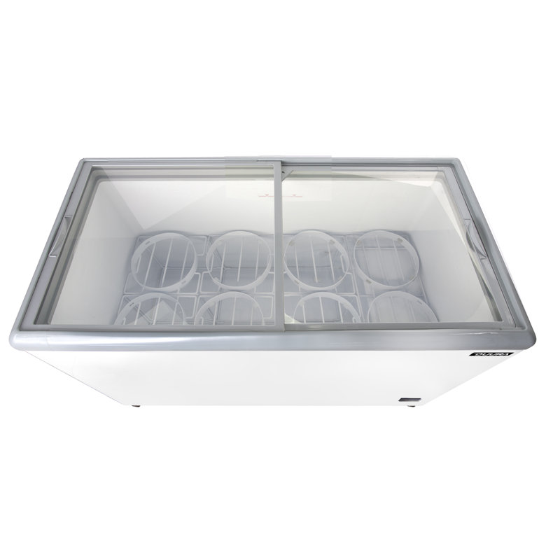Congélateur de coffre mobile commercial Duura pour crèmes glacées, température inférieure à zéro, couvercle en verre plat sans givre, paniers métalliques, 132 cm de large x 36 cm de profondeur, 311 litres, blanc