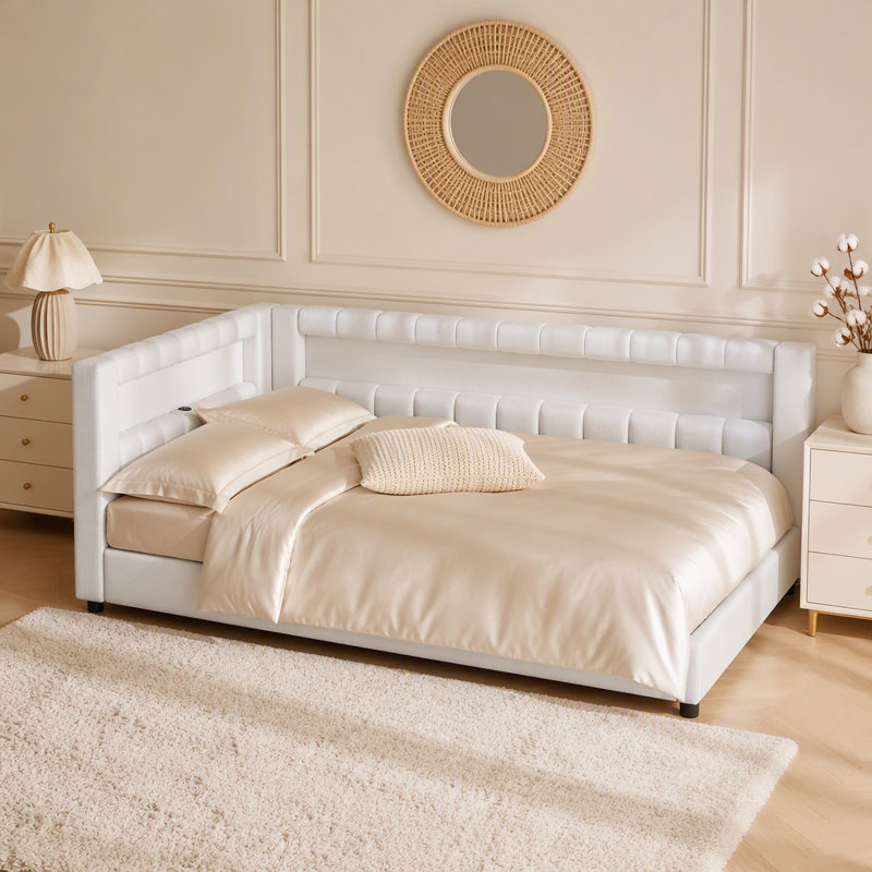 Lit plateforme tapissier avec ports USB et ceinture DEL, Simple extra long, Blanc, crème