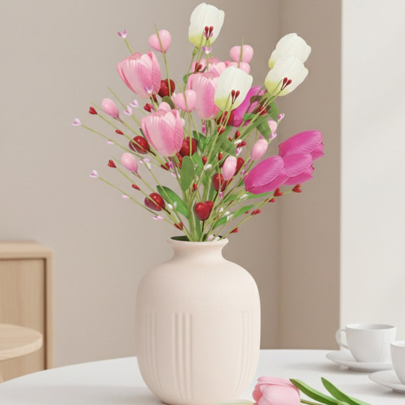 6 pièces de tiges de tulipes artificielles avec des accents de cœur et de baies, des choix floraux pour la Saint-Valentin et la fête des Mères
