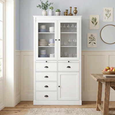 72''H Vintage Kitchen Pantry Cabinet, Blue MDF Display Storage Cabinet with Glass Doors, Coffee Bar Cabinet with Drawers, Serving Trays and Shelves for Dining, Living Room