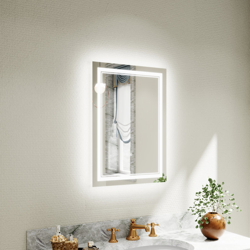 Aolaith Wall Mounted Rectangular Frameless Anti Fog LED Light Bathroom Mirror,Dimmable Vanity Mirror, 20" x 28"