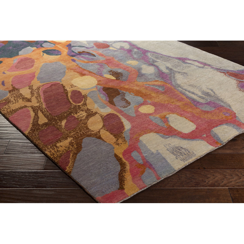 Lankin Wool Abstract Area Rug in Orange/Gray/Purple, Rectangle 4' x 6'