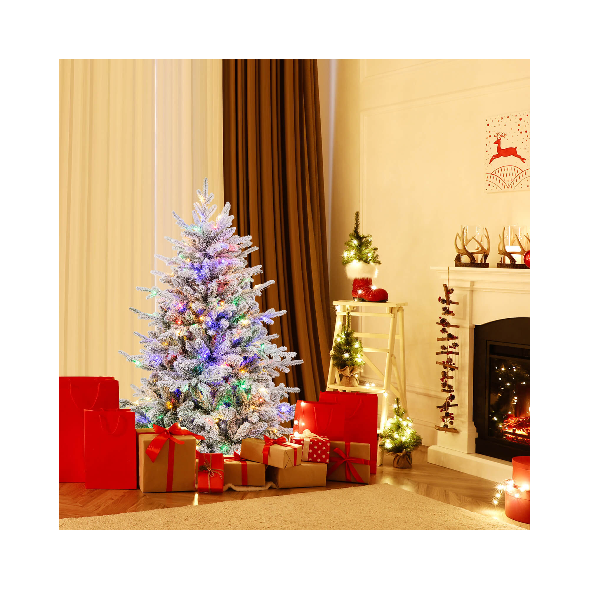 Costway Flocked Christmas Tree With 8 Lighting Modes 350 Multi-color Led Lights, 4.5'