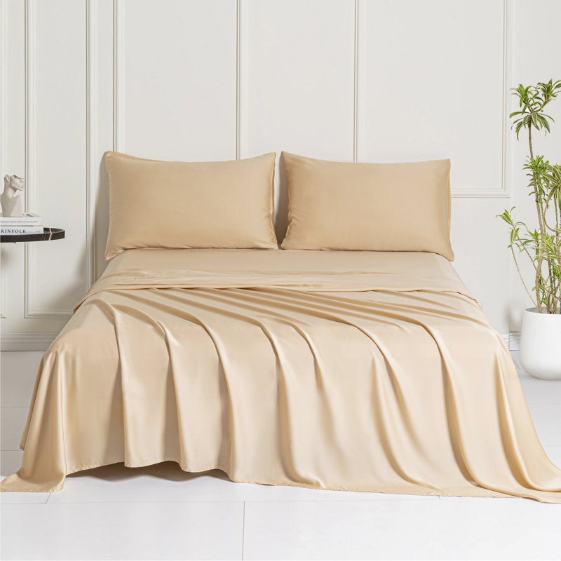 Ensemble de draps soyeux TENCEL, Drap-housse très grand avec 2 taies d'oreiller, Champagne