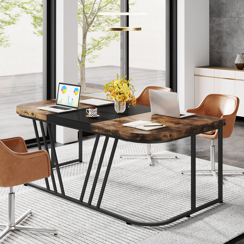 Metal Base Executive Desk, Black, Brown/Black