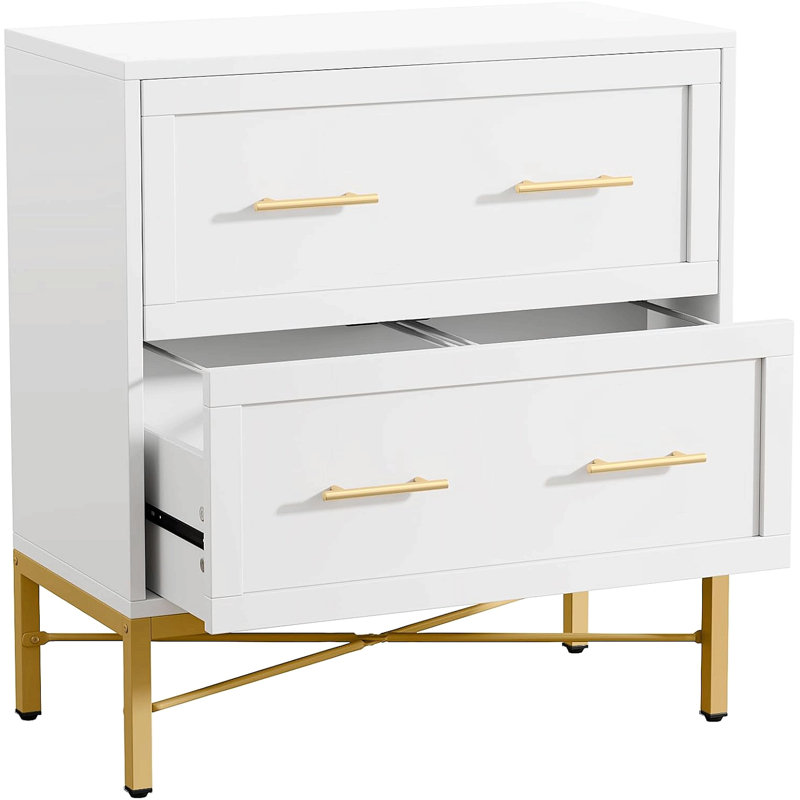 31.49-Inches Modern White & Gold 2-Drawer Lateral File Cabinet, Wood Filing Storage Cabinet For Letter/Legal/A4 Files, Printer Stand With Anti-Tilt & Safety Features For Home Office