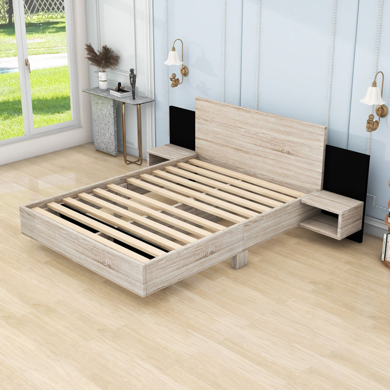 Modern Floating Platform Bed with LED Lighting and Built-in Nightstands, White, Queen