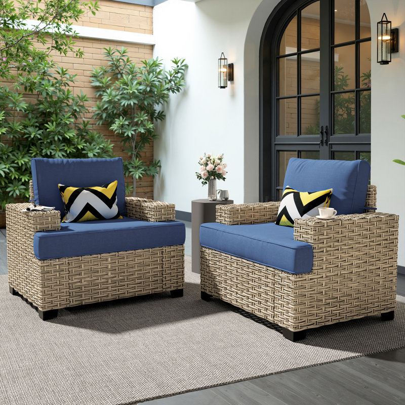Ensemble de 2 fauteuils d'extérieur modernes en osier avec coussins Carolle, Bleu