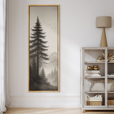 Monochromes de forêt à feuilles persistantes avec oiseaux - grande reproduction d'art sur toile encadrée