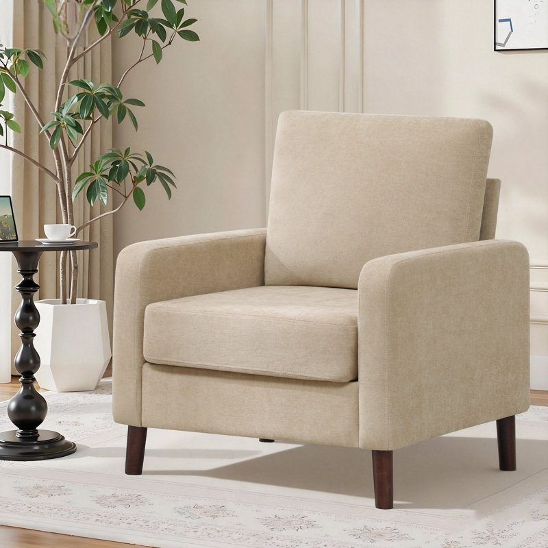 Élégante chaise d'appoint rembourrée en tissu avec pieds robustes en bois massif, Marron clair