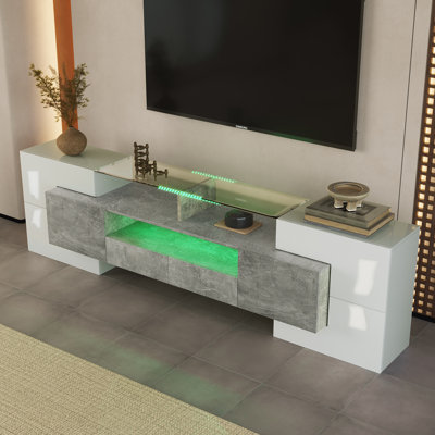 Meuble télé élégant, Lowboard - Blanc ultrabrillant, 78,7 po avec éclairage DEL. Mobilier de salon. Design moderne. Surface en verre élégante.