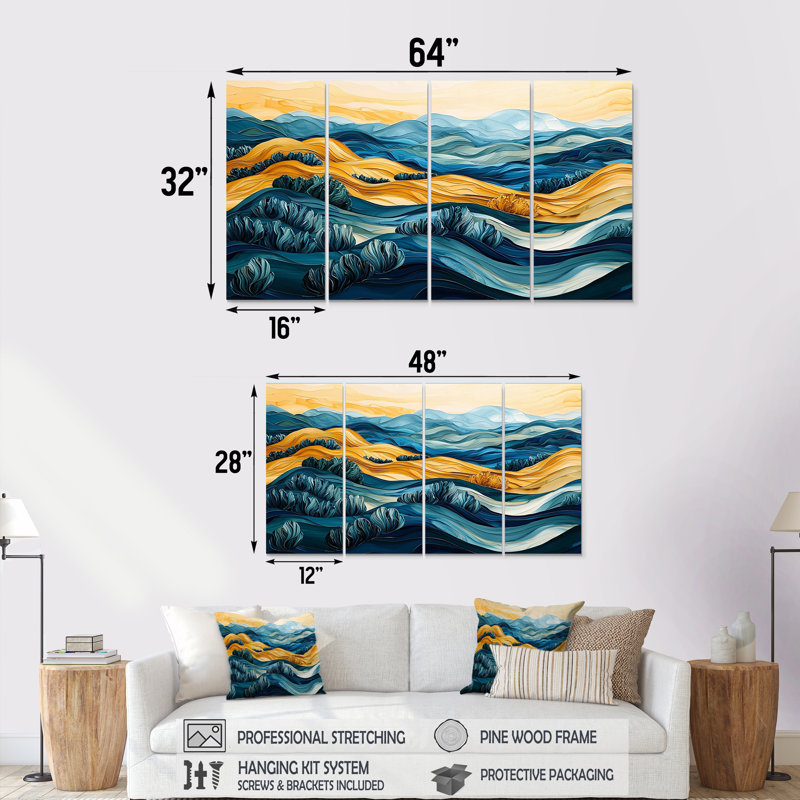 Jaune méditerranéen, oliveraies, paysage III - ensemble d'art mural abstrait sur toile, H 32 po x l 64 po