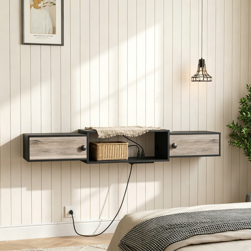Meuble télé flottant de 55 po avec prises de courant, console multimédia murale avec portes, centre de divertissement moderne pour le salon et la chambre à coucher, grège et noir
