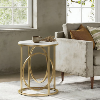 Modern Round End Table With Gold O-Shaped Base And Faux Marble Top, Accent Cocktail Sofa Side Table For Living Room And Bedroom