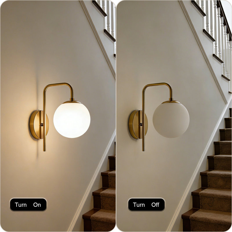 Set of 2 Milk Glass Globe Wall Sconces, Modern Gold Vanity Wall Light with Curved Arm, Hardwired E26 Wall Lighting for Bathroom, Bedroom and Hallway