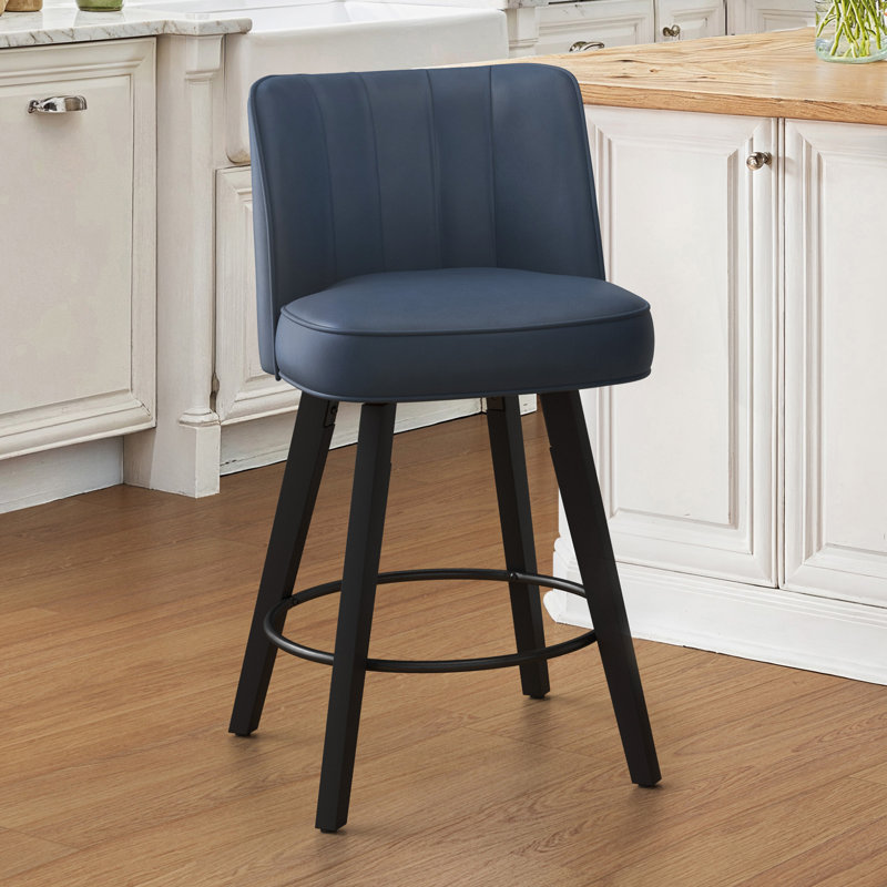 26''H Swivel Counter Stools With Solid Wood Frame, Dark Blue