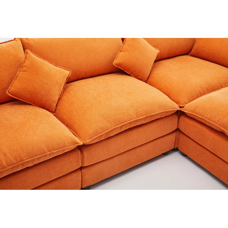 Modular Sectional Sofa, 3-Seater Sofa With Ottoman, Modern L-Shaped Sofa, Orange