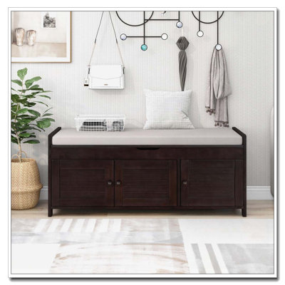 Wooden Storage Bench with 3 Shutter-shaped Doors