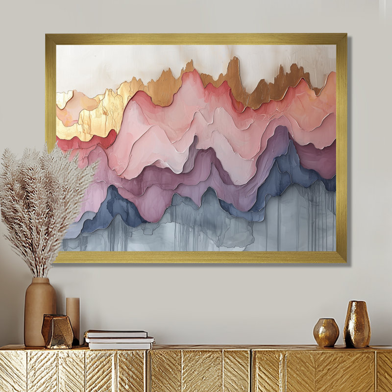 «Abstract Gold and Pink Ink River», art mural abstrait à l'encre liquide, H 30 po x l 40 po, Cadre simple, Doré