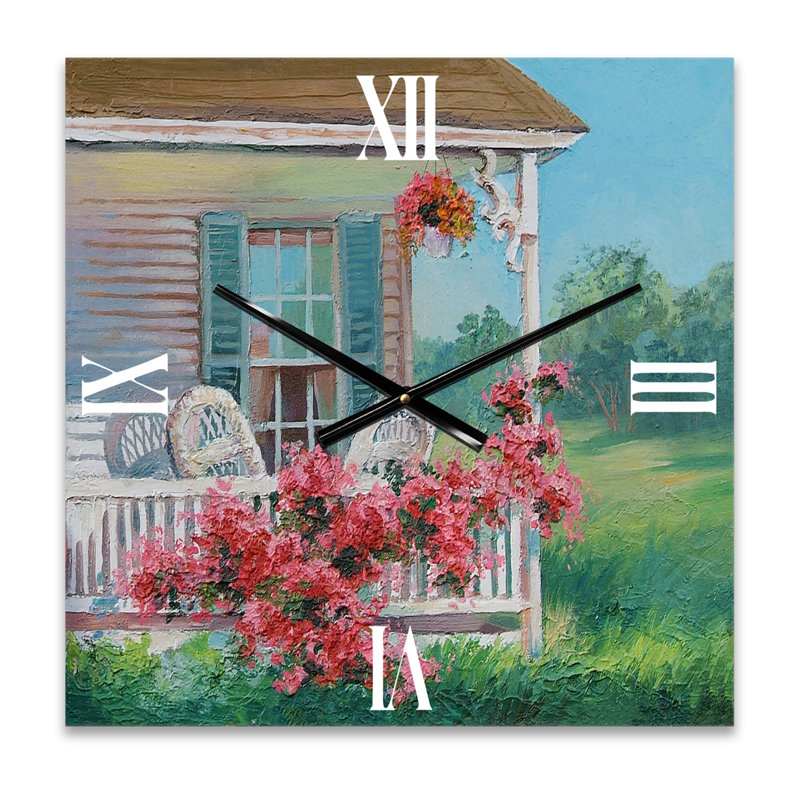 Horloge murale en bois avec patio et fleurs en fleurs, Moyen