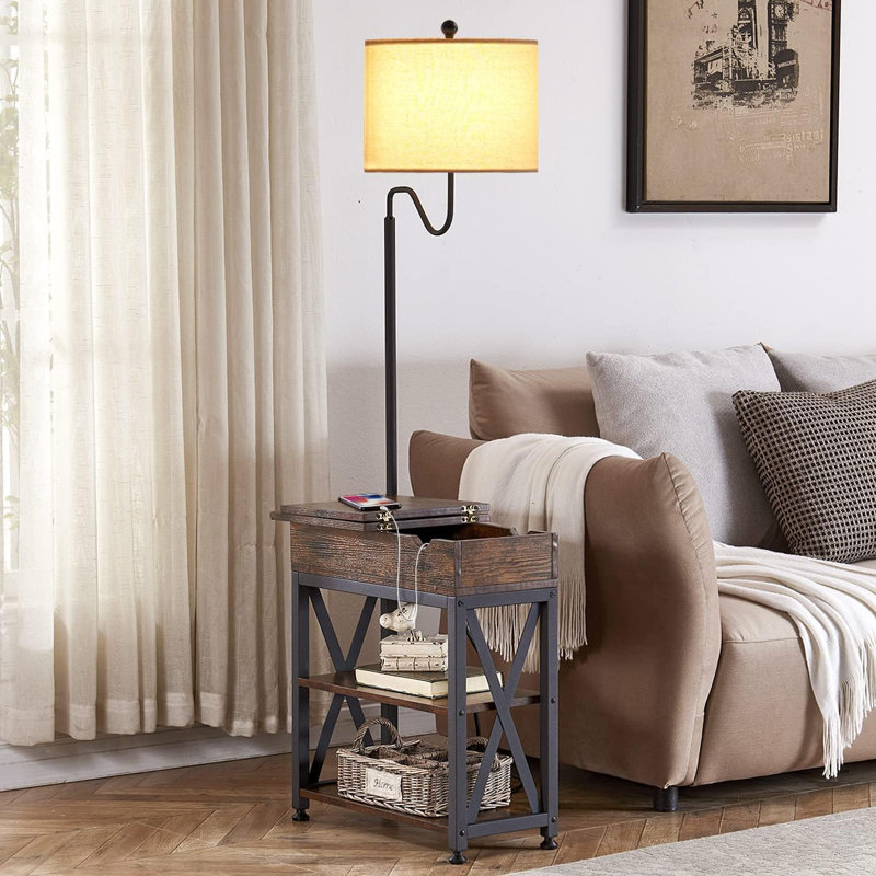 Rustic Brown Floor Lamp With Flip Top Side Table, USB Charging Ports, And 360° Rotatable Lampshade