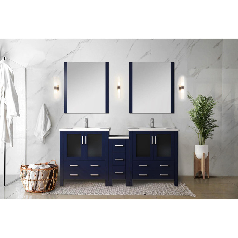 Meuble-lavabo double 72 po Large bleu marine, avec armoires latérales, robinet, plateau en céramique blanche, 28 miroirs et une surface qui résiste aux deux égratignures et au comptoir antitaches