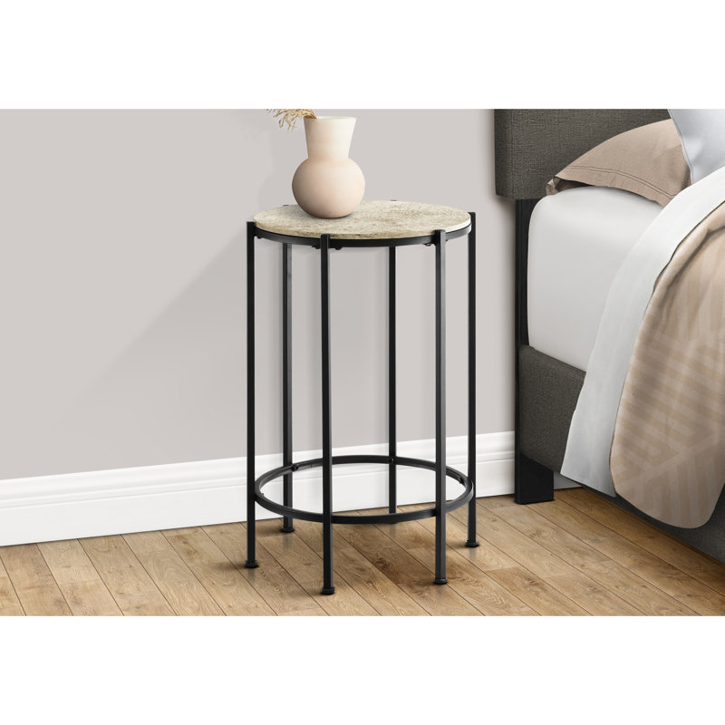 Table d'appoint compacte avec stratifié en pierre crème et métal noir, parfaite pour les petits espaces dans le salon et la chambre à coucher