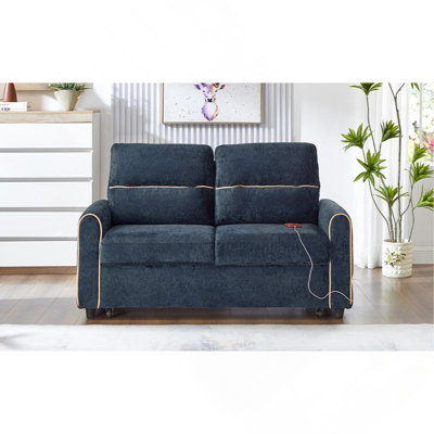 Canapé-lit chenille, canapé-lit de 58 po, canapé-lit, canapé-lit avec dossier réglable à 3 positions, 4 poches de rangement latérales et ports de chargement pour le salon, bleu