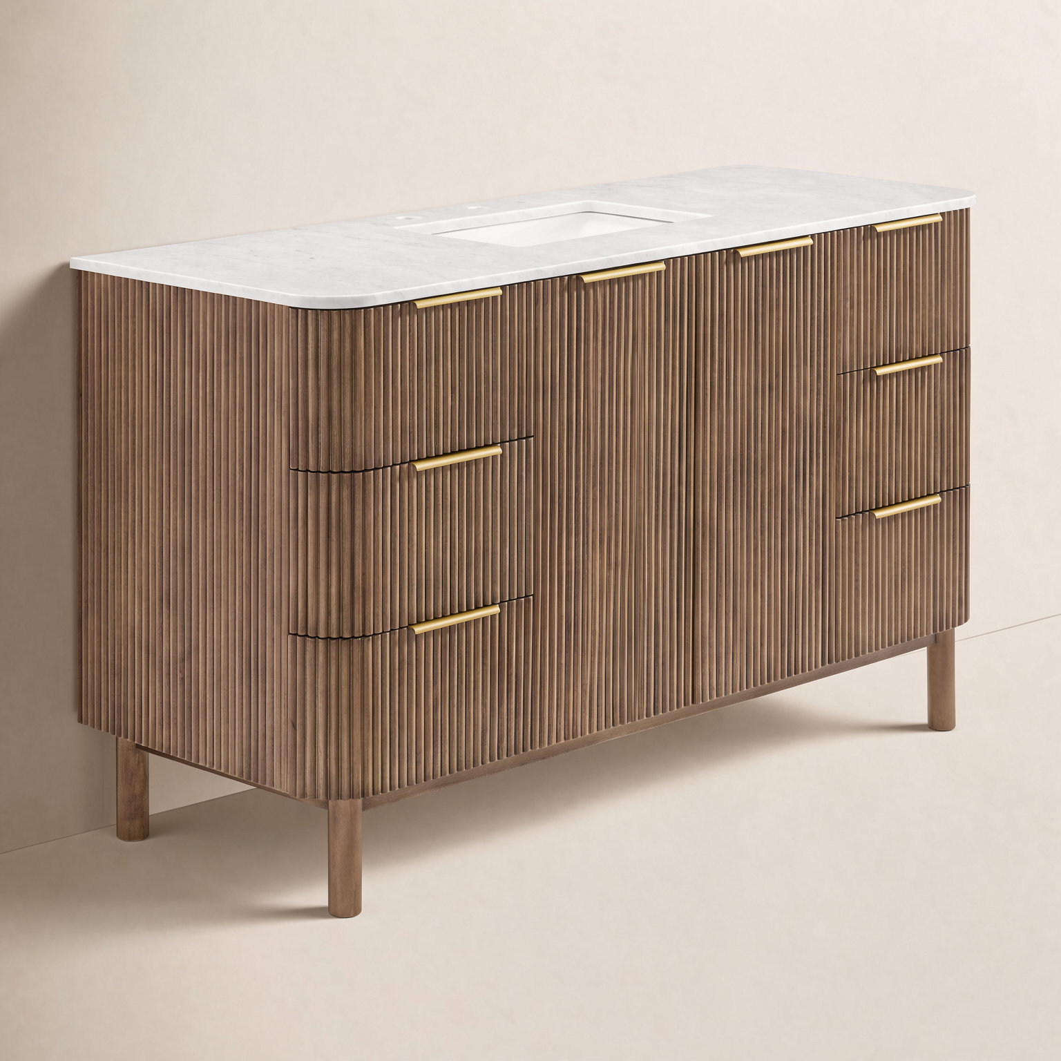 Nova 55" Marble Top Single Sink Vanity, Brown Reeded Birch