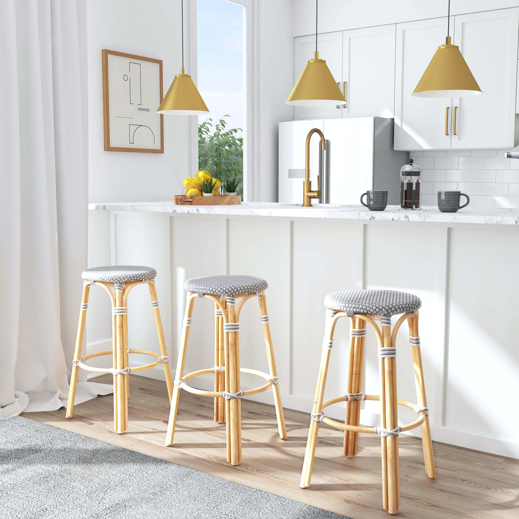 Alastair Bar & Counter Stool, Gray/White Dot/Natural Rattan Frame, Bar Stool (30" Seat Height)