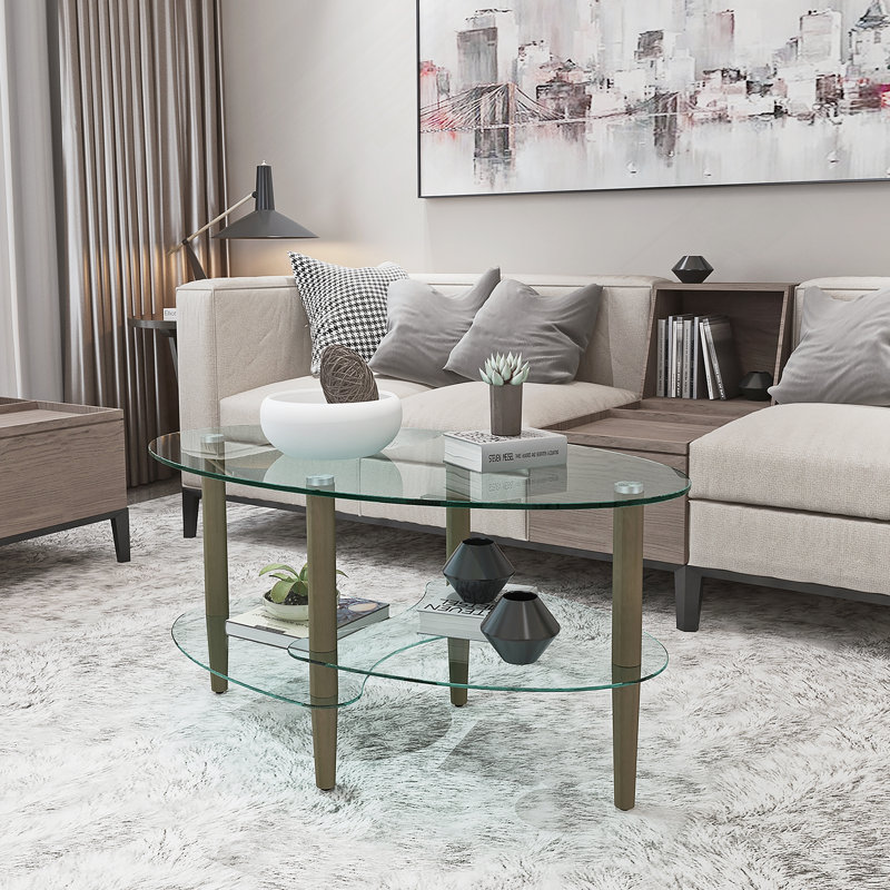 Table basse ovale avec plateau et tablette en verre, pieds en bois de chêne