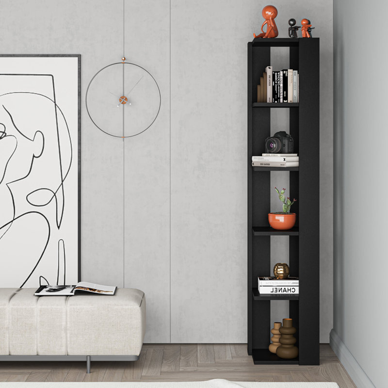 Nati Modern Corner Bookcase 5 Tiers | 34 x 34 x 161 cm | Space-Saving Design, Black