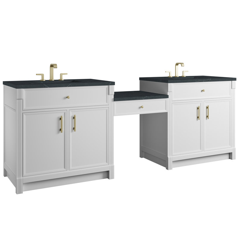 Bellshire 96" W Dual Vanity Set with 24" Make-Up Counter, Bright White, Charcoal Soapstone, 8" Widespread