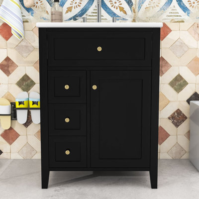 24-Inch Bathroom Vanity with Ceramic Sink, Adjustable Shelves and 4 Drawers