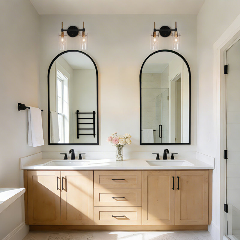 2-Light Dimmable Transparent Glass Modern Vanity Light, Matte Black/Gold, 2 Light
