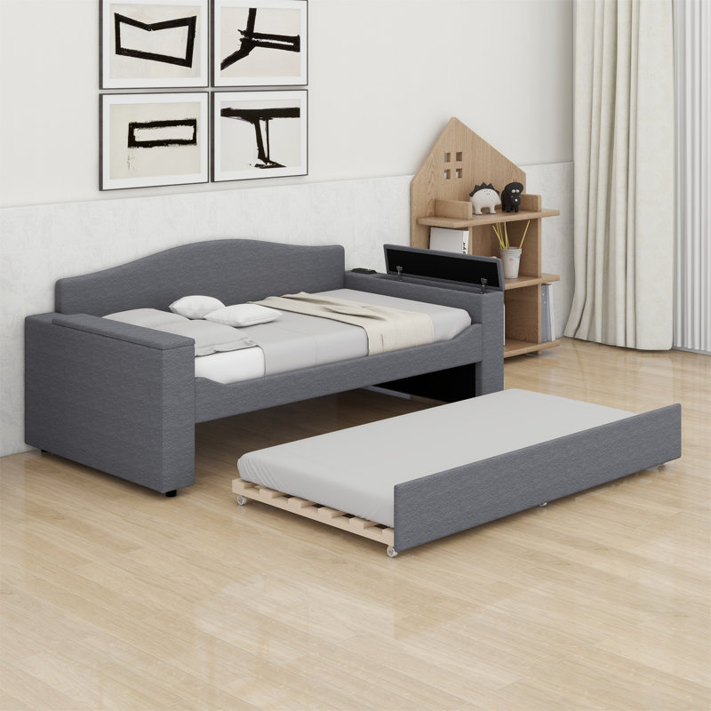 Upholstered Daybed With Storage Armrests,Trundle And Latest Integrated Bluetooth Audio System., Gray