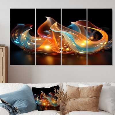 Feu, vagues d'eau bleues et orange - Toile d'art abstrait 4 pièces