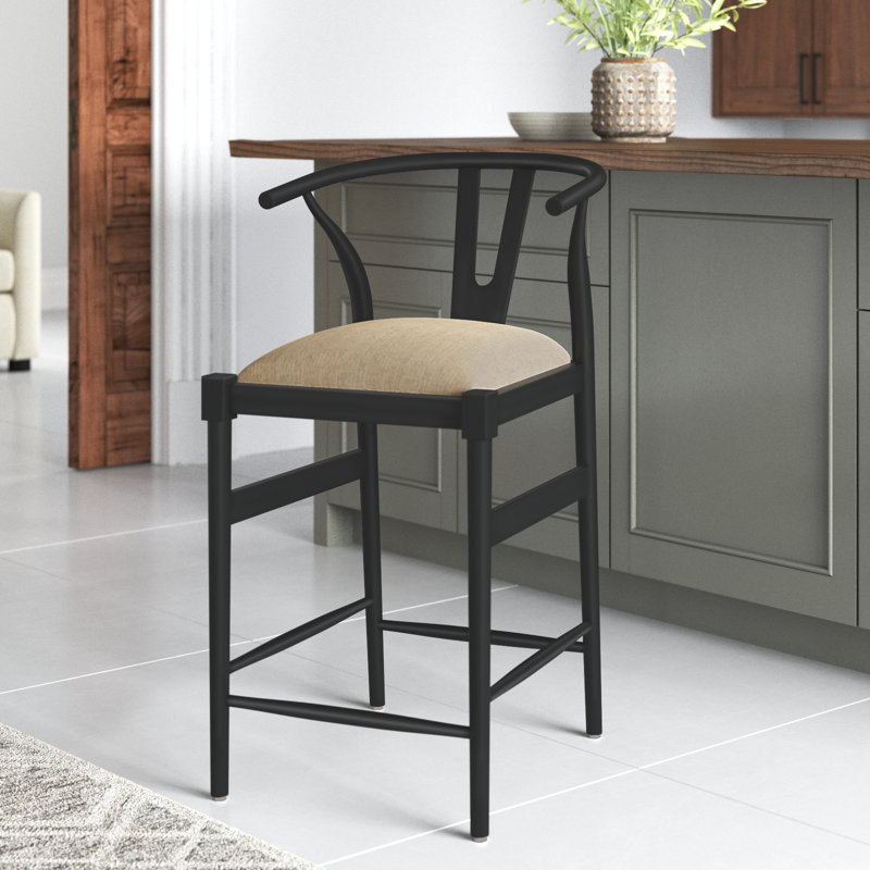 Parina Upholstered Counter Stool with Solid Wood Frame, Counter Stool (26.25” Seat Height), Black/Gray