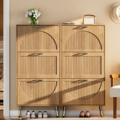 Rattan Shoe Cabinet With 6 Flip Drawers And Adjustable Shelves, Narrow Shoe Organizer With Fluted Panel, Freestanding Hidden Shoe Cabinet For Hallway