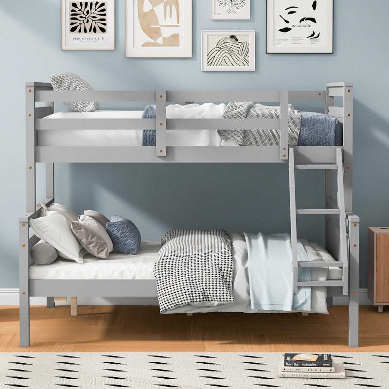 Twin Solid Wood Loft Bed with Desk and Bookcase, Twin Over Full, Gray