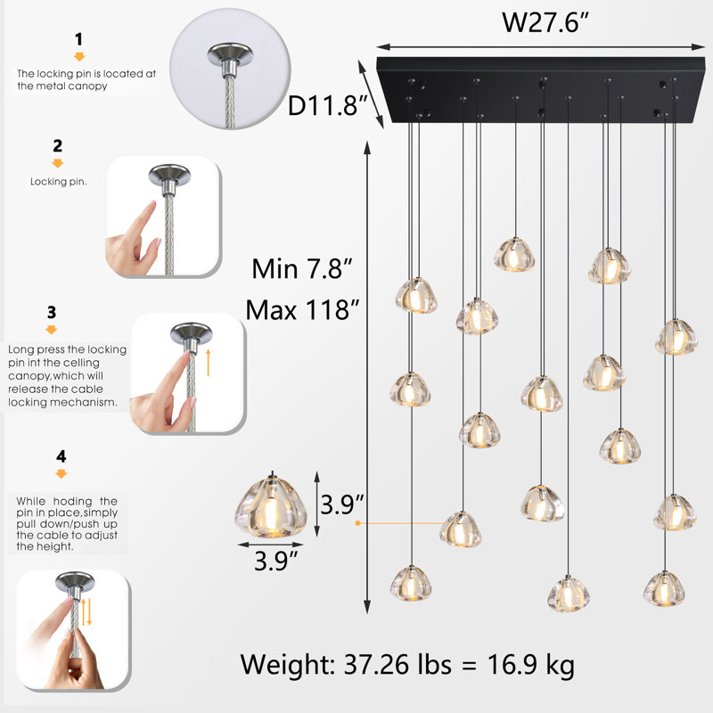 16-Light Dimmable LED Rectangular Crystal Chandeliers, Noir mat