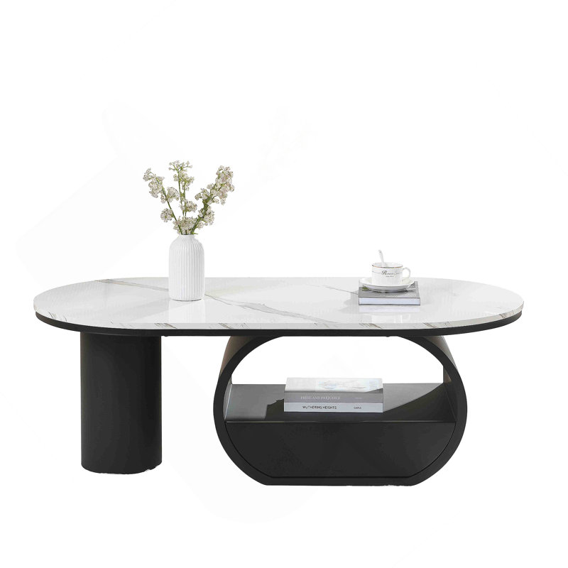 Table basse ovale de luxe moderne, table basse de 47,24 po avec tiroir de rangement, plateau en faux marbre, table centrale en métal noir pour le salon