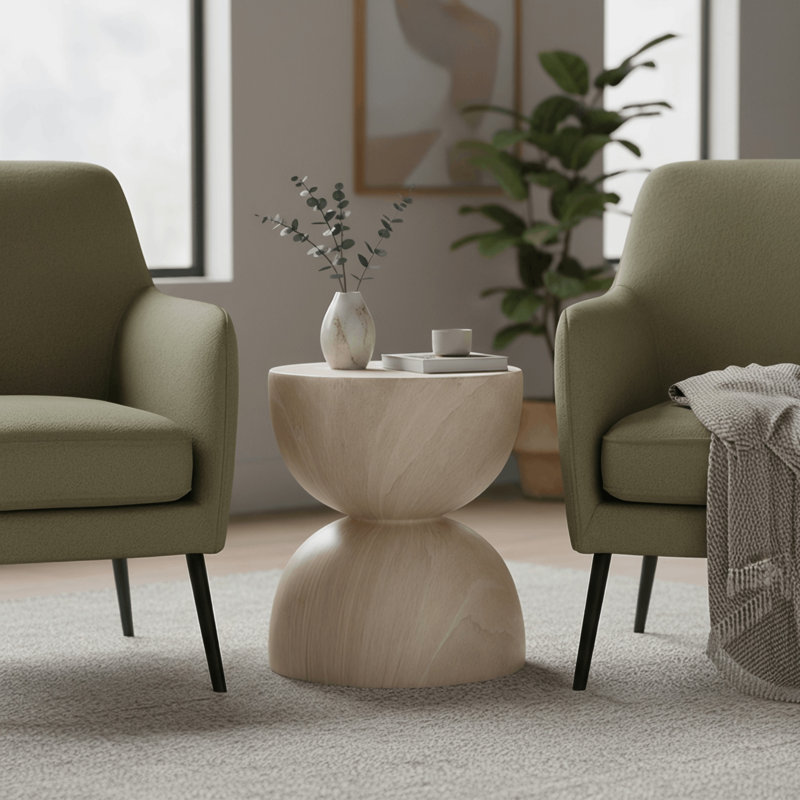 Kendrall 16" Fiberstone Round Side Table with Hourglass Design – Indoor Outdoor Accent End Table for Patio, Living Room, or Bedroom